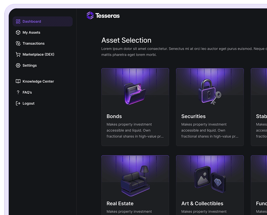 Tesseras platform dashboard showing tokenized assets